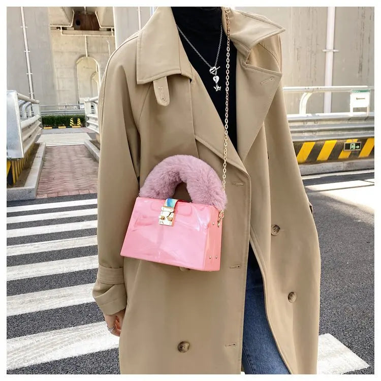 Faux Fur Top Handle Acrylic Party Box Clutch Fashion Purses and Handbags for Women Designer Evening Bag Chain Shoulder Bag