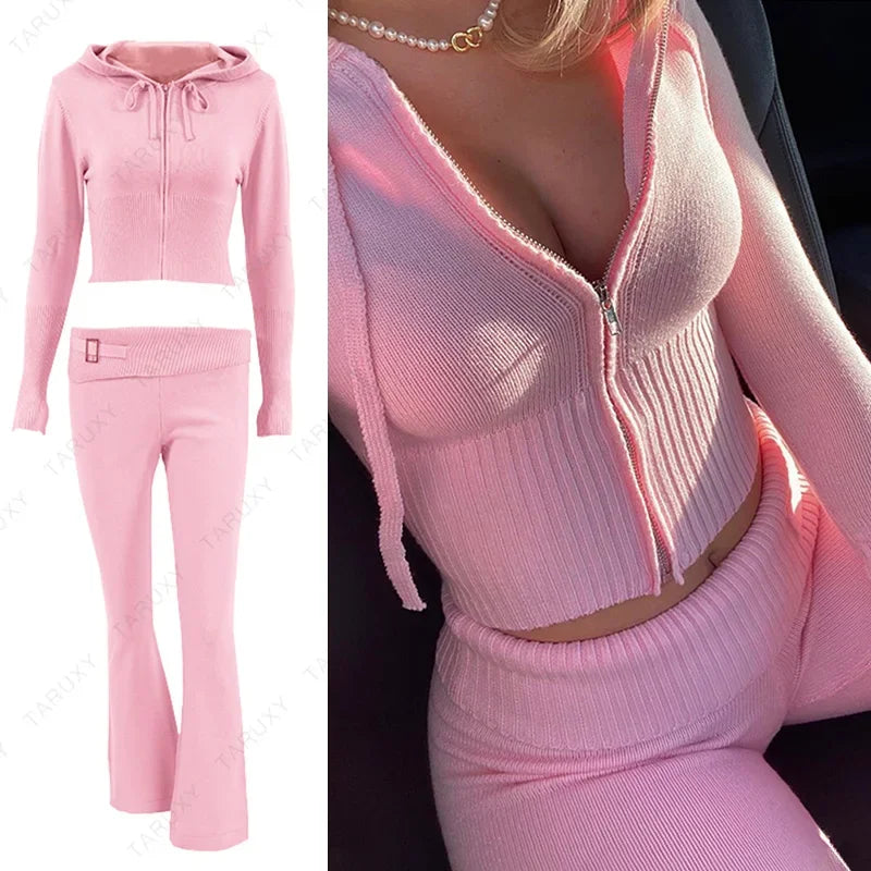 TARUXY Women Spring Outfits Casual Zipper Sweater Hoodie Set High Waist Flare Pants Suits Pink Knitted Womens Y2k Two Piece Set