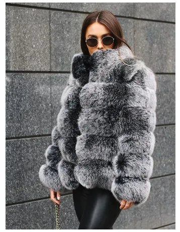 Women Warm Faux Fur Coat Winter Vintage Gradient Jacket Furry Outerwear Jackets Hooded Coats Plus Size Autumn Winter Streetwear