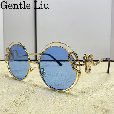Vintage Runde Sonnenbrille Damen Oversized 2024 Luxusmarke Brille Metall Großer Rahmen Brillen Unregelmäßige Sonnenbrillen für Damen UV400