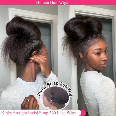 Invisible Strap HD 360 Lace Front Wigs Human Hair Kinky Straight 250 Density Precut 360 Full Lace Wig Drawstring Glueless Wig