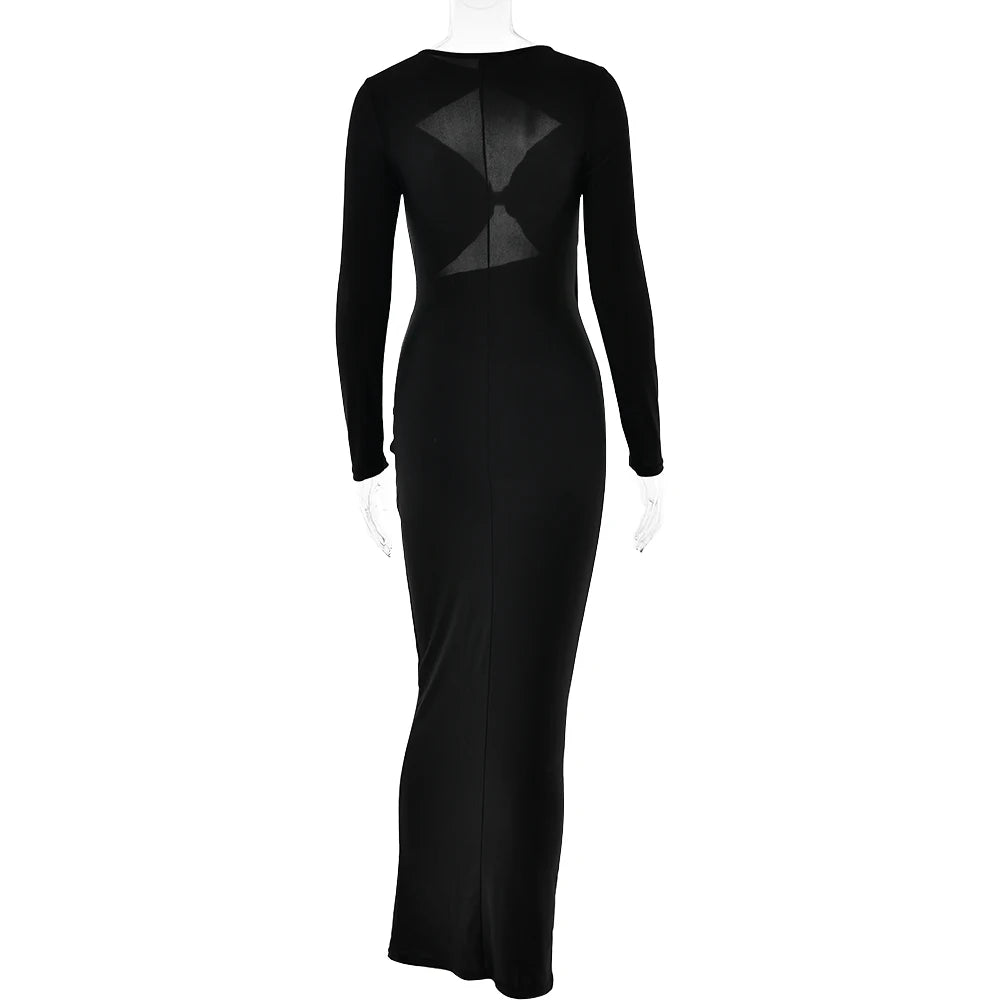 Articat Sexy Hohl Saum Langarm Elastisches Enges Kleid Damen Falten Doppellagig Weibliche Vestidos Elegantes Party Abendkleid