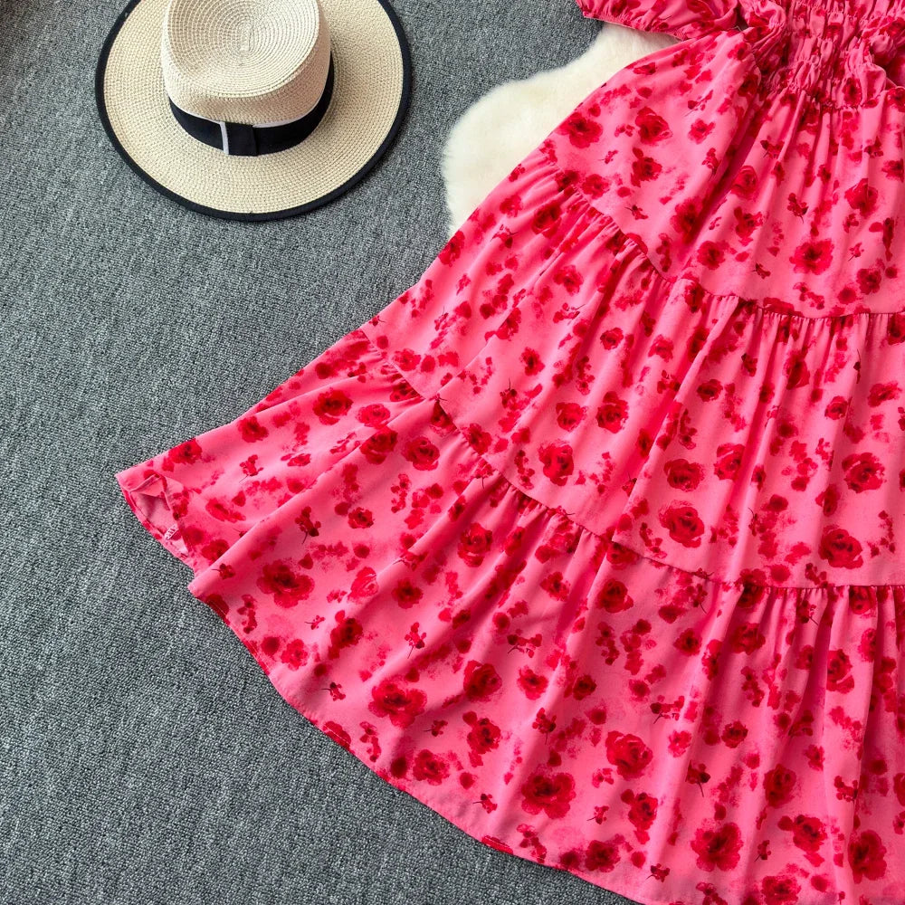 2024 Neues Sommer Blumenmuster Maxikleid Damen Vintage Eckiger Ausschnitt Geraffte Brust Schärpe Bandage Sommerkleid Partykleid