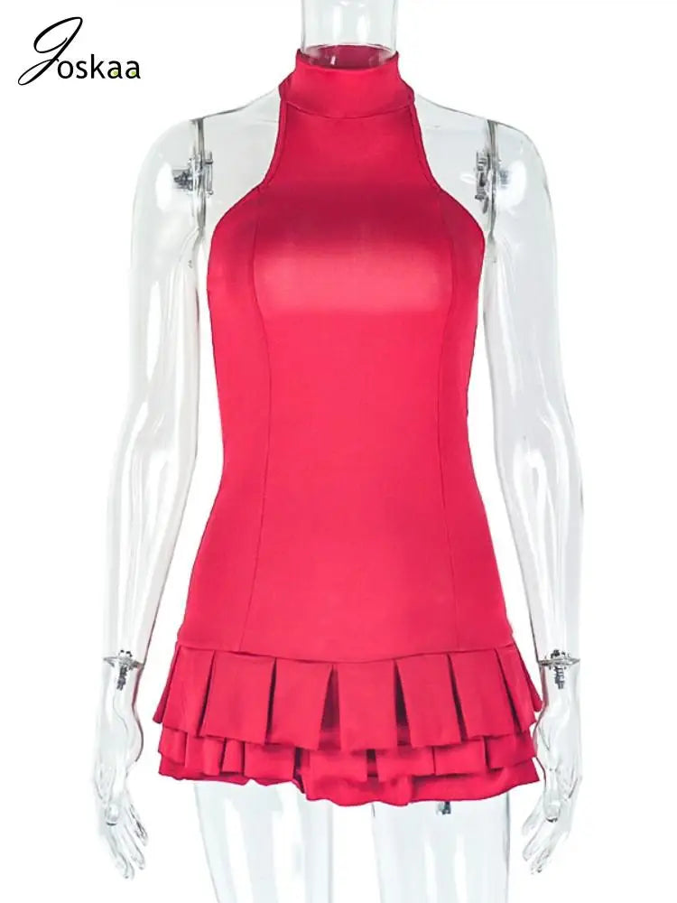 Joskaa Elegant Red Mini Tiered Dress Women Hipster Sexy Halter Backless Skinny Vestidos 2025 Summer Clubwear Vacation Beachwear