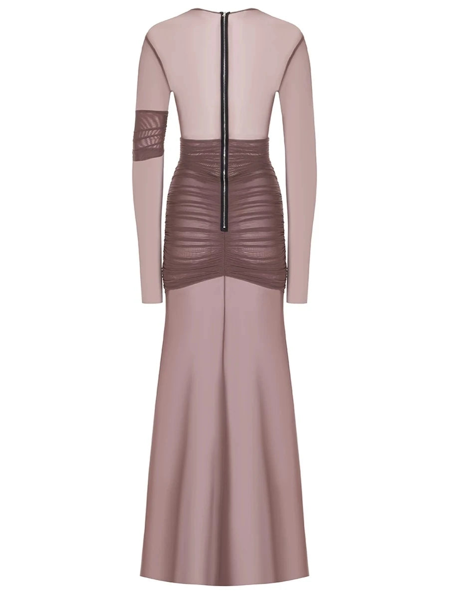 Articat Elegantes Mesh-Patchwork Langarm-Bodycon Party Club Abendkleid Sexy Doppellagiges Perspektivkleid Herbstkleidung