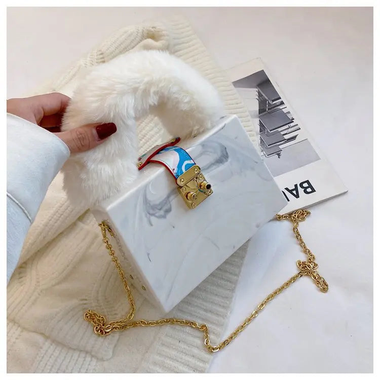 Faux Fur Top Handle Acrylic Party Box Clutch Fashion Purses and Handbags for Women Designer Evening Bag Chain Shoulder Bag