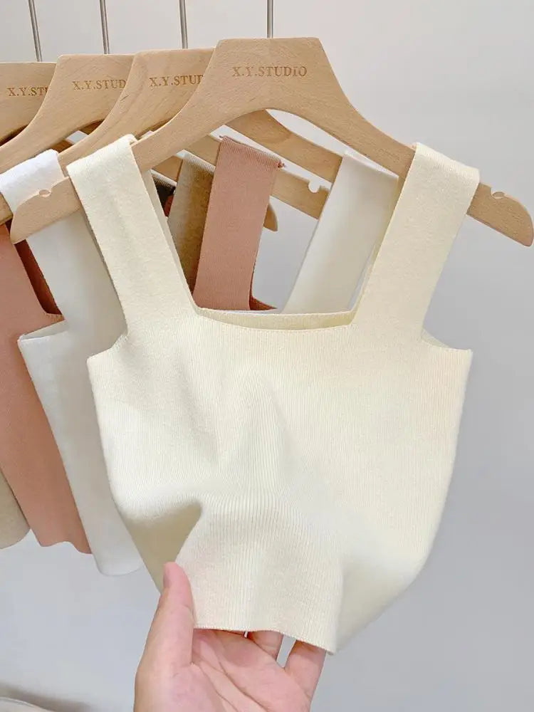 2026 Summer Women Sexy Sleeveless Tops Fashion Short Square Collar Tank Tops 6 Colors Knitted