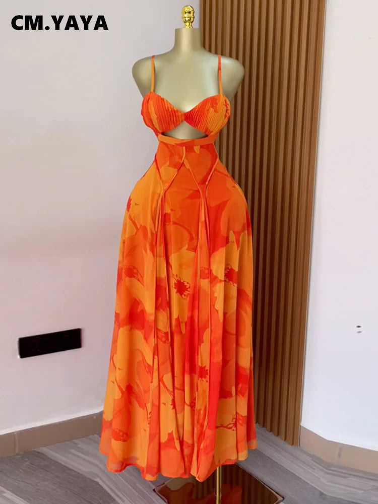 CM.YAYA Damen Blumenmuster Trägerloser Rückenfreier BH Vorne Großes Swing Maxi Langes Kleid 2025 Vintage Sexy Club Party Abendkleider