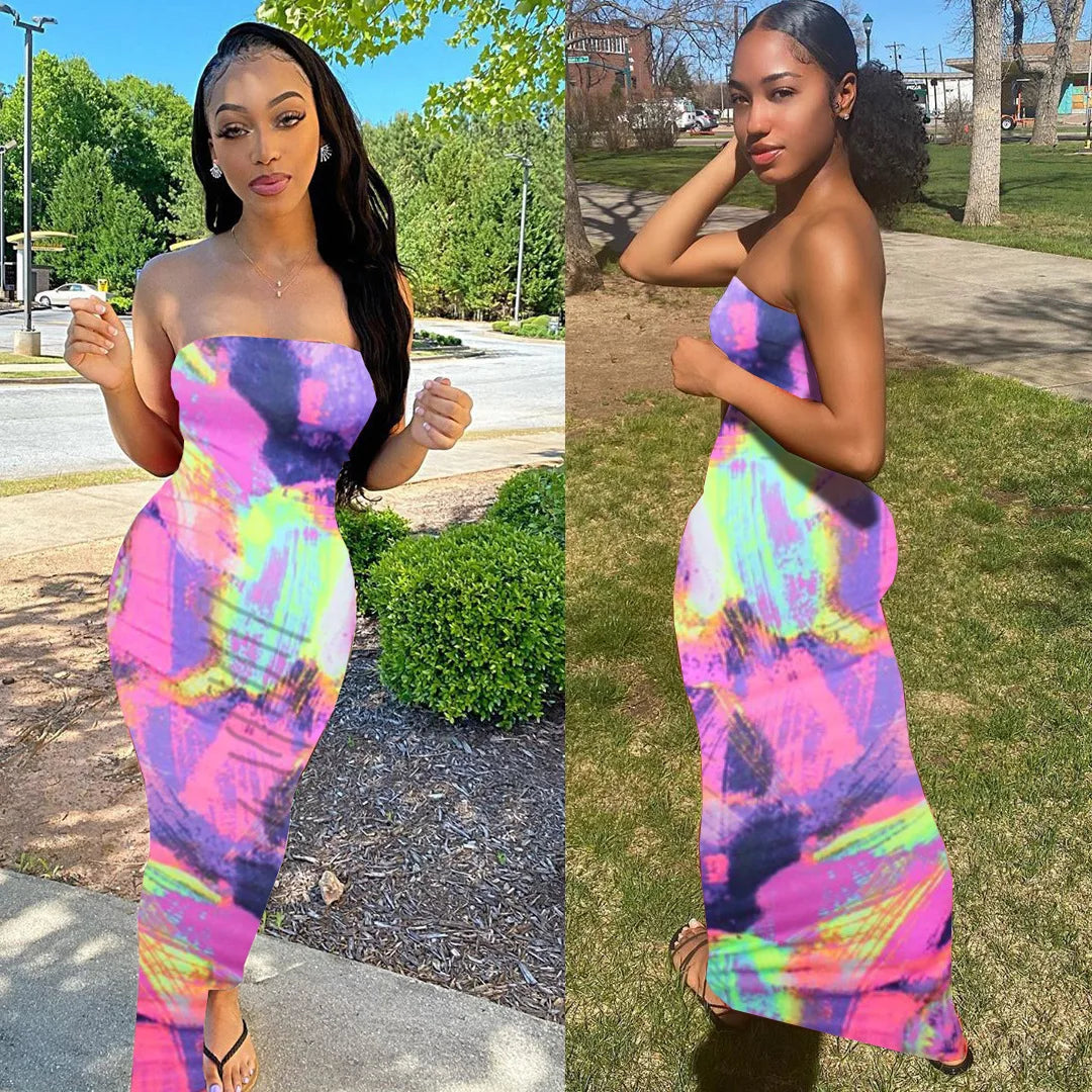 Spring/Summer Women's Colorful Tie Dye Print Off Shoulder Wrapped Chest Dress