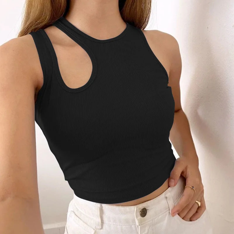 Sexy Rib-knit Tank Top for Women Summer Solid O-neck Sleeveless Crop Tops Street Vintage Korean Fashion Shirt Vest Y2K Clothes