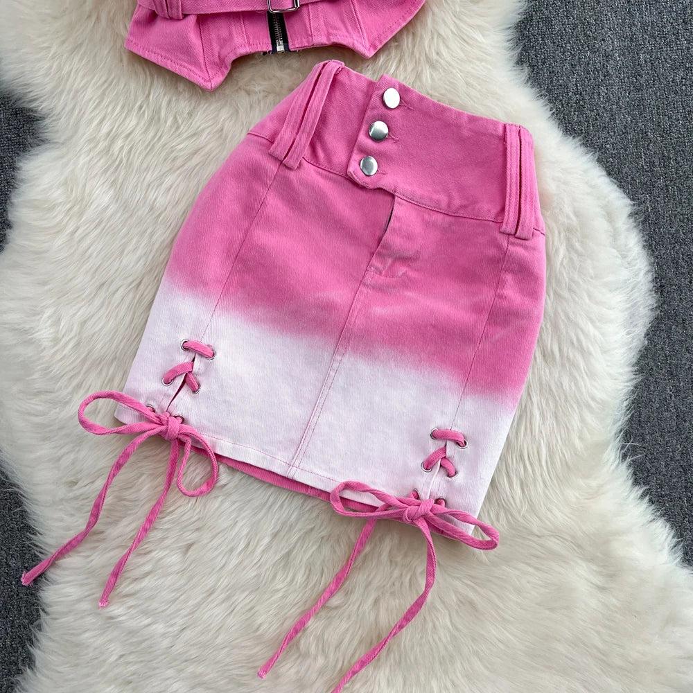 Pink Gradient Jeans Skirts Set Girl Fashion Denim Sleeveless Camisole Vest Top Two-piece Set Mini Bodycon Strap Skirt Summer