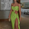 Hugcitar Fashion 2 Pcs Sets Strapless Tie Flower Draped Sexy Crop Tank Top Slit Tassel Maxi Skirt Women Outfit Festival Party