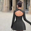 BKQU Elegant Solid Backless Mini Dress Women High Waist Fashion Long Sleeve Slim A-line Dresses 2024 Autumn Party Evening Dress