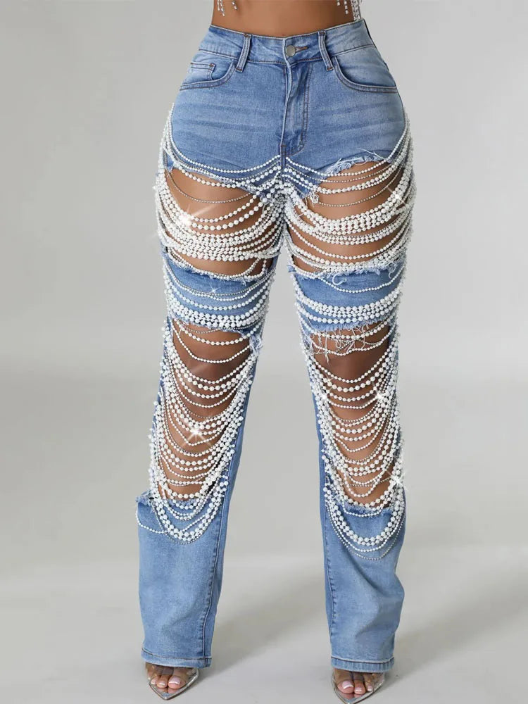 Women's Destroyed Ripped Hole Denim Pants Pearl Rhinestones Chain Distressed Slim Fit Skinny Jeans Y2K Night Club Party Jeans