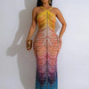 Neue Gradient Strass Tie-Dye Print Neckholder Meerjungfrau Lange Kleider Damen Rückenfrei Ärmellos Schmal Geburtstagsparty Abschlussball Vestidos