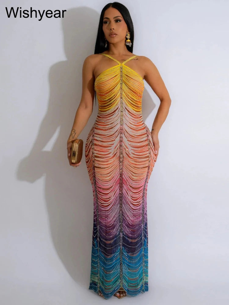 Neue Gradient Strass Tie-Dye Print Neckholder Meerjungfrau Lange Kleider Damen Rückenfrei Ärmellos Schmal Geburtstagsparty Abschlussball Vestidos