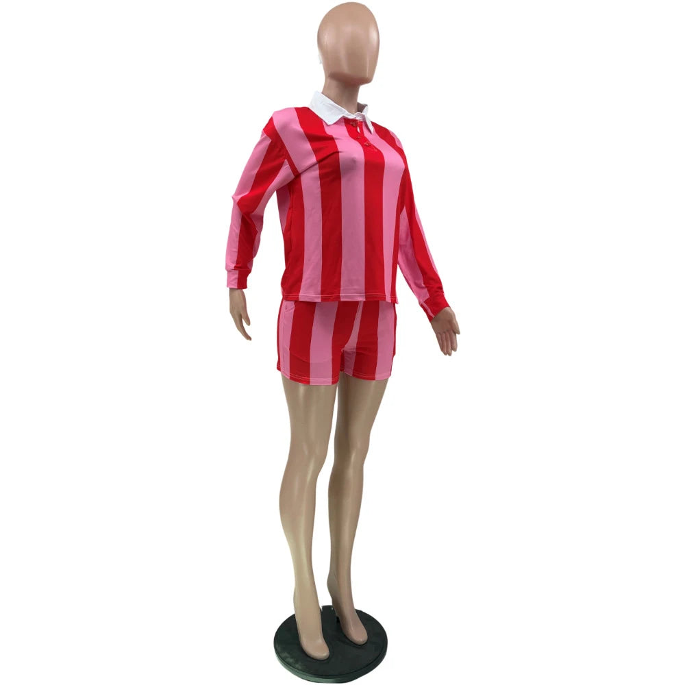 Damenbekleidung Mode Gestreifte Sets Langarm Rollkragen T-Shirt und Shorts 2025 Frühling Sommer 2 Zweiteiliger Anzug Trainingsanzug