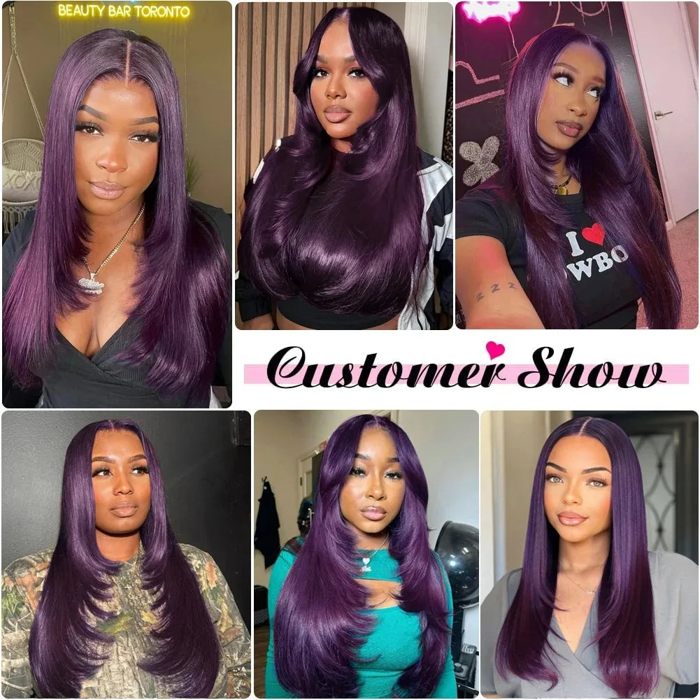 99J Burgundy Red Layered Lace Front Wig With Bangs Bone Straight Synthetic Lace Frontal Wigs 13x4 HD Glueless PrePlucked Cosplay