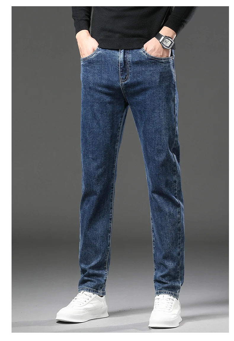 Winter Fleece Dicke Warme Jeans Herren Slim Straight Elastische Denim-Hose Lässige Herrenbekleidung Mode Plüschhose