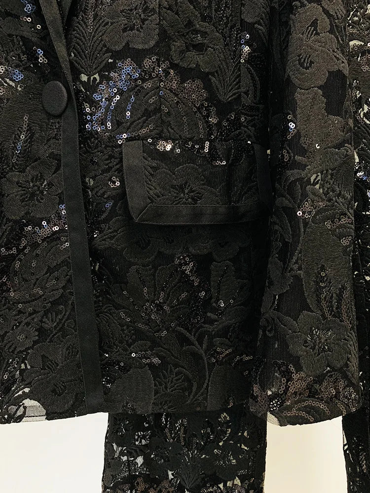 HIGH STREET Newest 2026 Designer Runway Suit Set Women's Single Button Guipure Lace Sequined Blazer Pants Suit