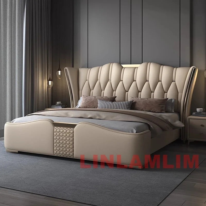 MINGDIBAO Luxuriöses, modernes Polsterbettgestell mit Goldakzenten, Designer-Bett aus echtem Leder, Schlafzimmermöbel in Queen-/King-Size