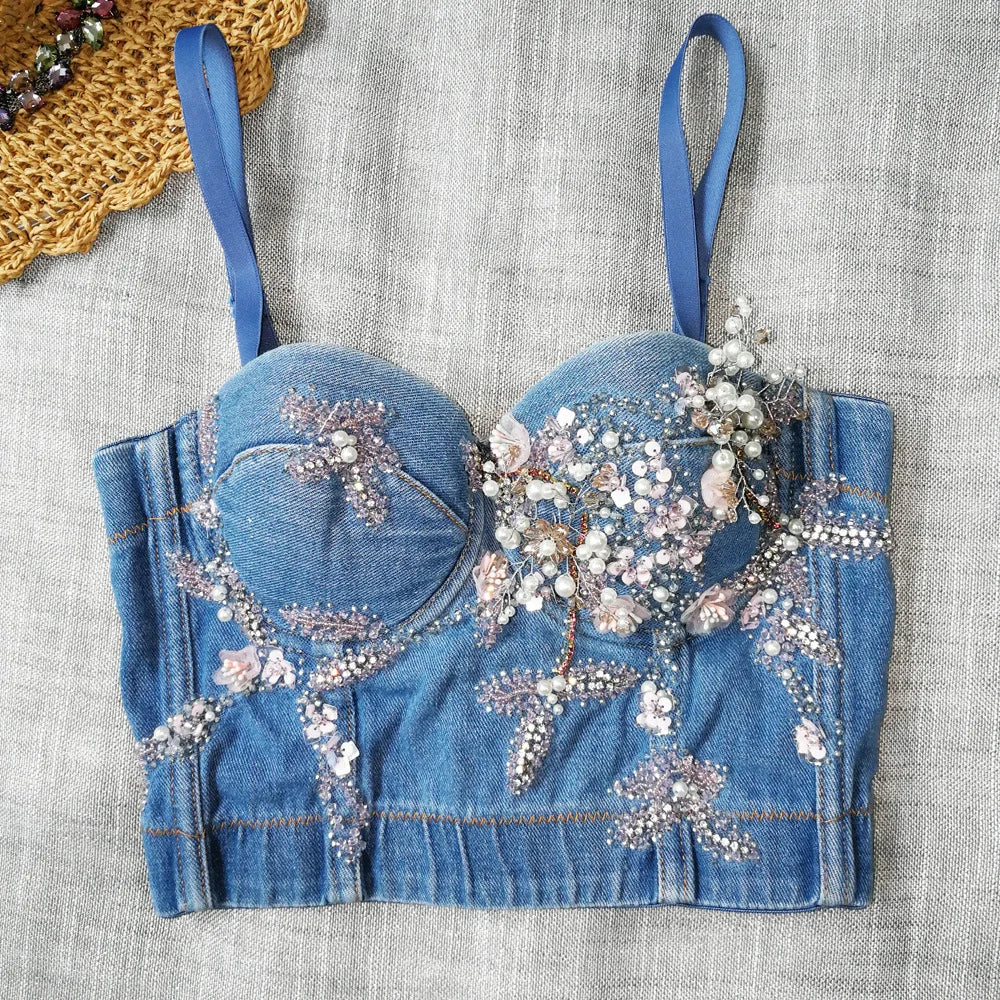 Irene Tinnie Sexy Cute Loch Cartoon Dekoration Push Up Bustier Damen Jeans Bralette Cropped Top Weste Große Größe