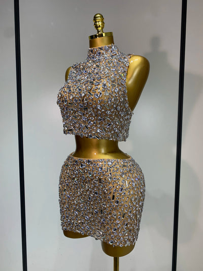 High Quality Sparkling Rhinestone Sexy See Through Blackless Top Skirt Two Pieces Set Woman Luxury Birthday Evening Party Gowns