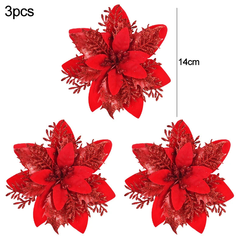 3/10Stück 14cm Weihnachtsblumen Glitzer Rot Gold Blütenkopf Weihnachtsbaumschmuck Neujahrsdekorationen für Zuhause Navidad Noel Geschenke