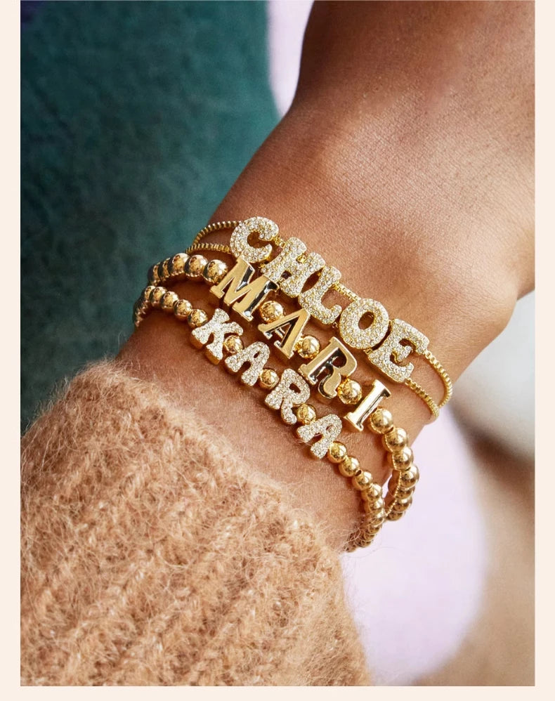DOREMI Fat Bubble Slide Armband mit Initialen, voll mit Kristallbuchstaben, Damen-Namen, DIY-Schiebebuchstaben-Armbänder