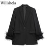 Willshela Damenmode Satin Schwarz mit Feder Blazer Jacke Vintage Kerbausschnitt Einreiher Lange Ärmel Damen Outfits