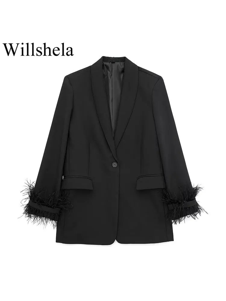 Willshela Damenmode Satin Schwarz mit Feder Blazer Jacke Vintage Kerbausschnitt Einreiher Lange Ärmel Damen Outfits