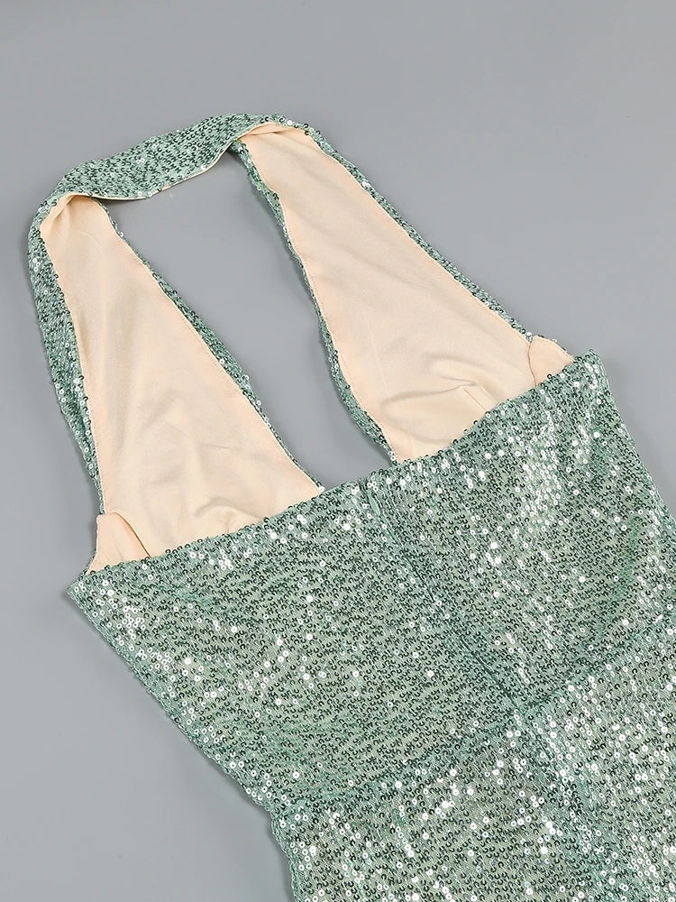 Sexy Neckholder Maxikleid mit tiefem V-Ausschnitt, Pailletten, Damen, Grün, Ärmellos, Rückenfrei, Pailletten, Schlankes langes Kleid, Celebrity Partykleider