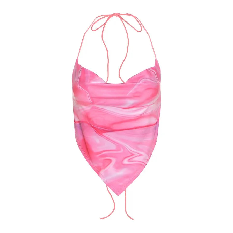 Bandage Halter Hot Sexy Navel Pink Crop Top 2021 Summer Sexy Female Art Print Sleeveless Fashion Slim Tight Party Club Outer