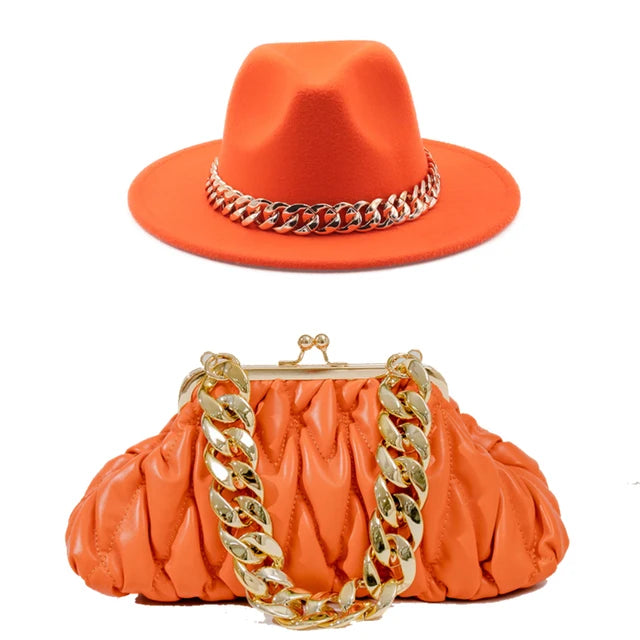 Set Straw Hat and Bag Set Gold Chain Bag Hat Set Ladies Leather Bag Tote Church Fedora Party Jazz Straw Hat