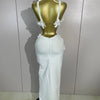 Women Sexy White Flowers V-Neck Tops Bodycon Long Dress Two Pieces Set Eveing Party Prom Gown Nightclub Celebrate Birthday Dress