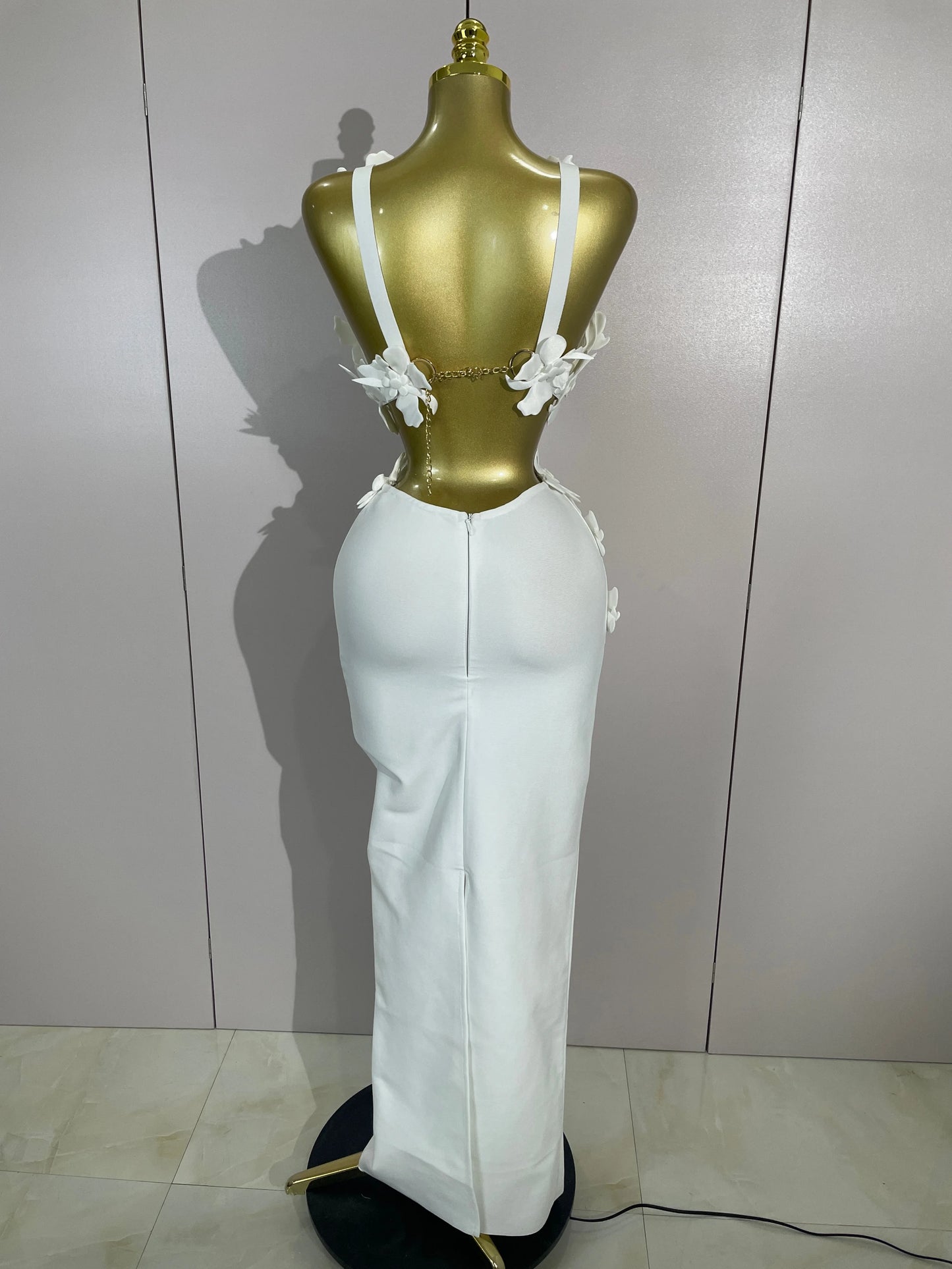 Women Sexy White Flowers V-Neck Tops Bodycon Long Dress Two Pieces Set Eveing Party Prom Gown Nightclub Celebrate Birthday Dress