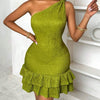 Women's Summer Solid Color One-Shoulder Ruched Hem Slim Fit Elegant Dress