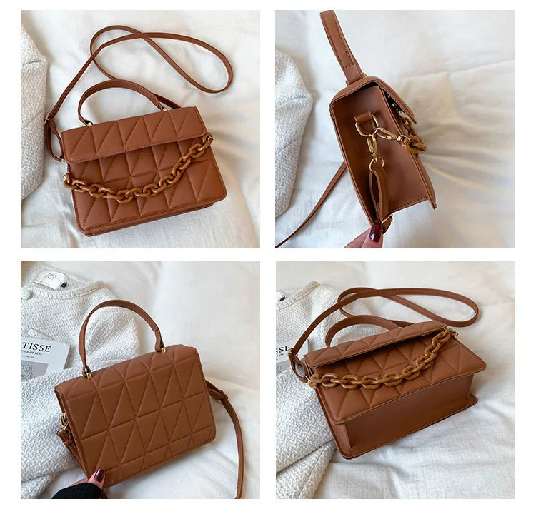 Solid Plaid Crossbody Bags For Women, Chain Decor Fashion Shoulder Bag Ladies Handbag For Daily Used