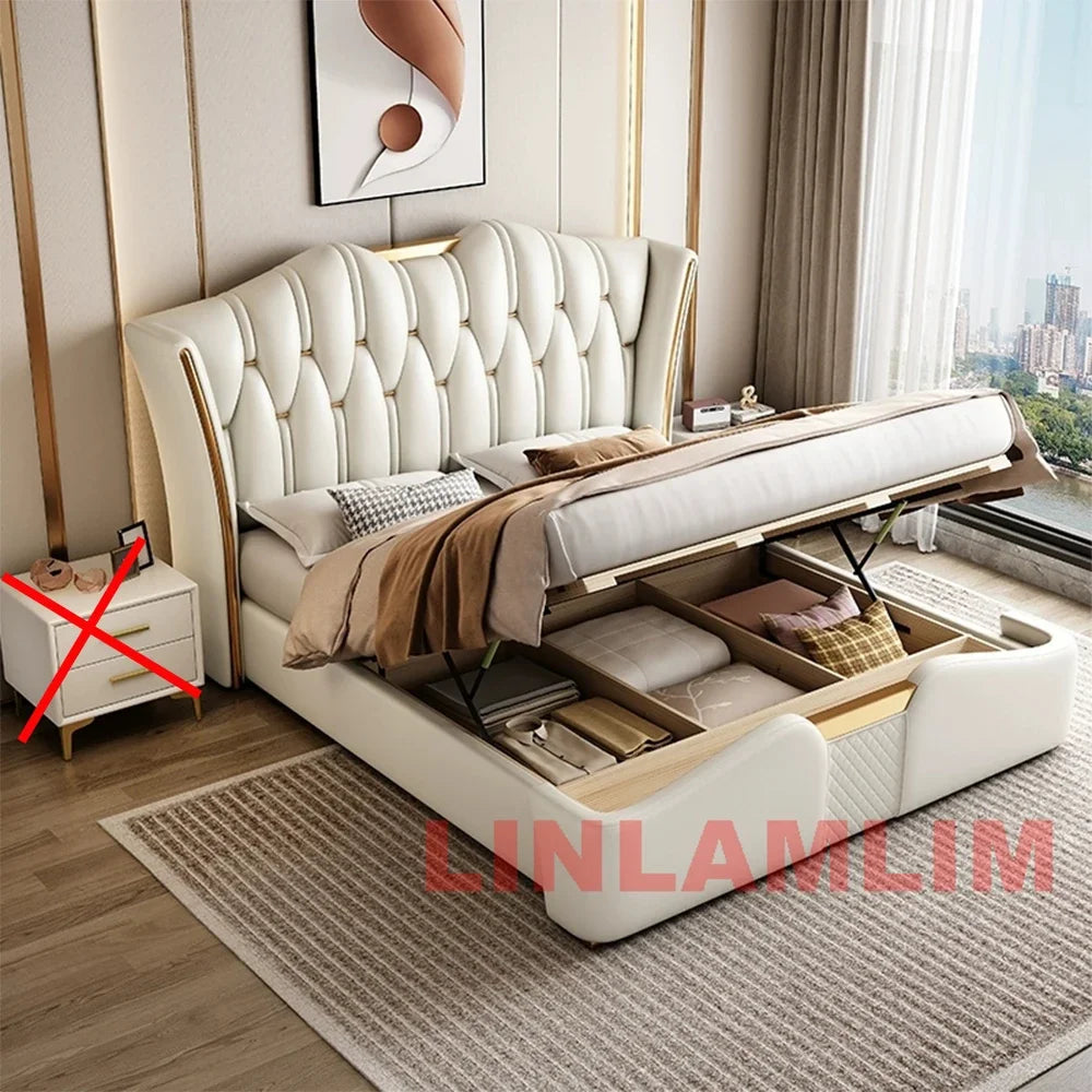 MINGDIBAO Luxuriöses, modernes Polsterbettgestell mit Goldakzenten, Designer-Bett aus echtem Leder, Schlafzimmermöbel in Queen-/King-Size