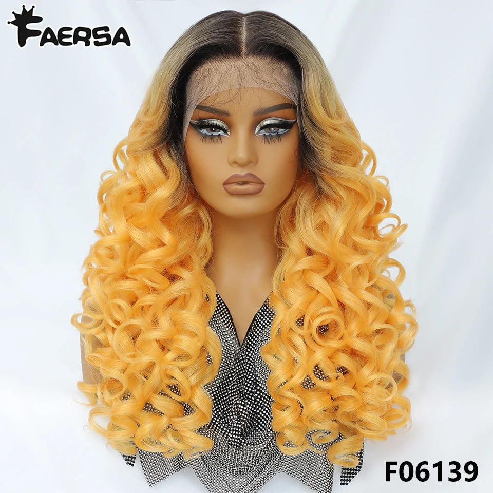 Latisha 13X6 HD Synthetische Spitzenfrontperücke lockig vorgezupfte Lace-Frontal-Perücke mit Pony für Damen, Highlights mit Babyhaar, 24 Zoll