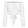 Women Sexy Off Shoulder Printing Blouses Chic and Elegant Lantern Long Sleeve Lace Up Bow Cropped Tops Casual Slim Shirts 2023