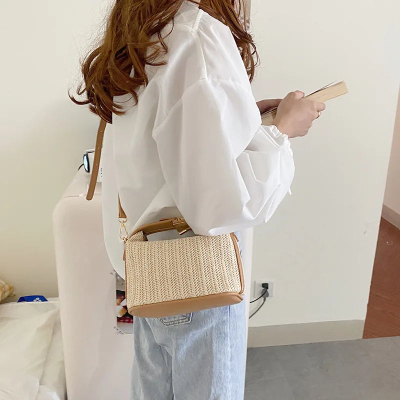Yogodlns Summer Small Straw Handbag Trendy Shoulder Bag Woven Bucket Crossbody Bag Casual Seaside Beach Bag Gilrs Handle Tote
