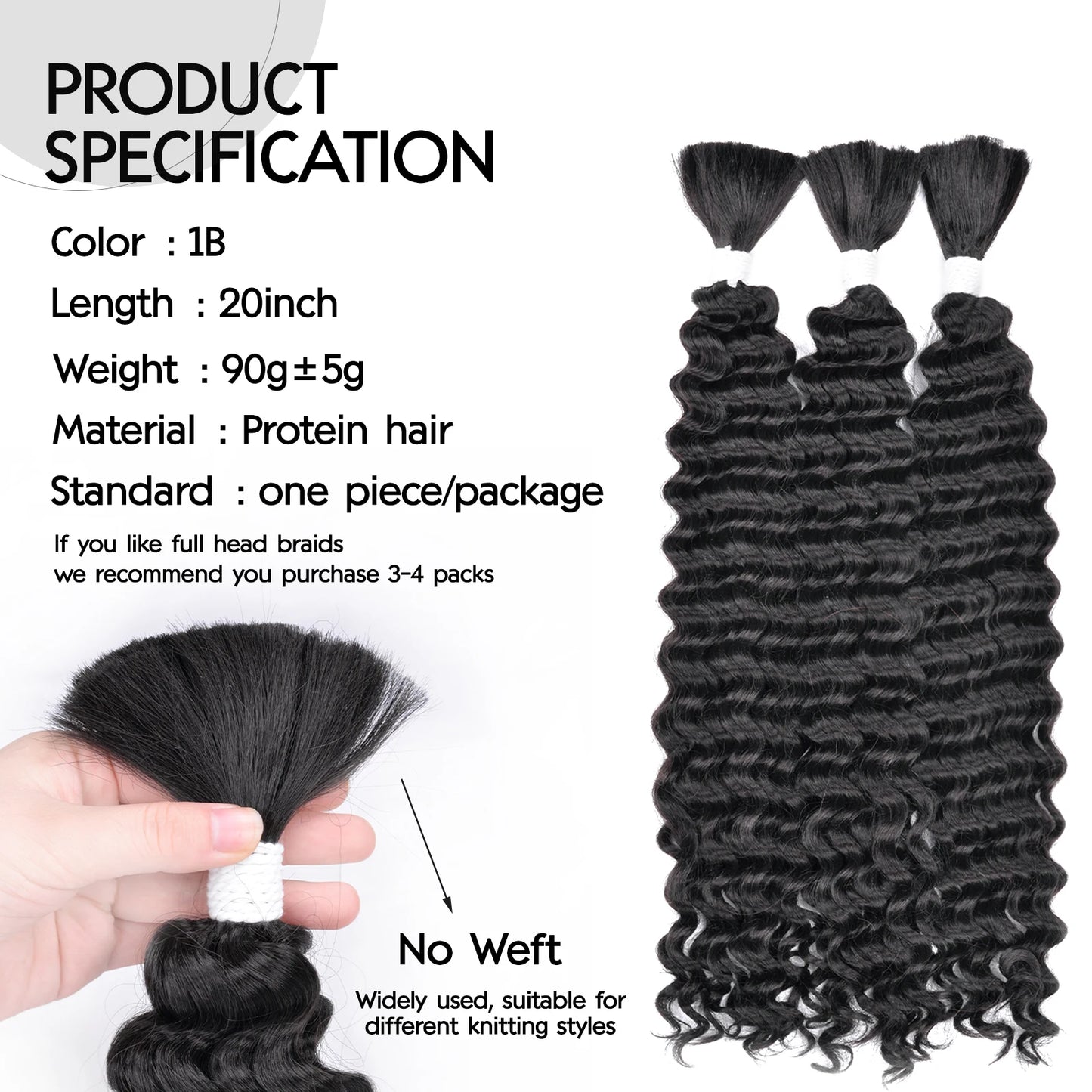 Synthetic Braiding Hair for Boho Braids 20Inch 90G Deep Wave Bulk High Quality Synthetic Protein Hair Extensions For Women