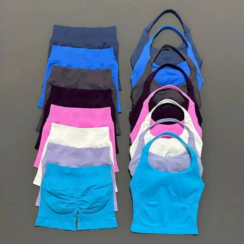 2 Pieces Sports Set Women Backless Halter Tops High Waist Seamless Hight Stretch Shorts Gym Suit Sportswear Workout Sets