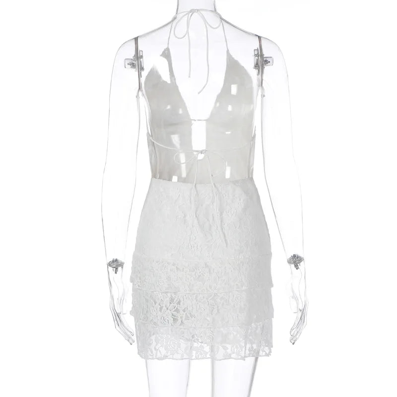 Articat 2024 Sommer Neue sexy Hollow Out Lace Up Hängende Damenkleid Temperament Vestido Kurzer Rock Slim Party Urlaub Strand