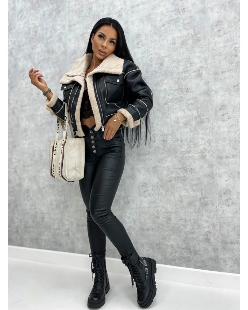 Faux Leather Jackets Women PU Short Thick Warm Black Outwear Female Aviator Retro Lapel Velvet Coat 2023 New Winter Woman Tops