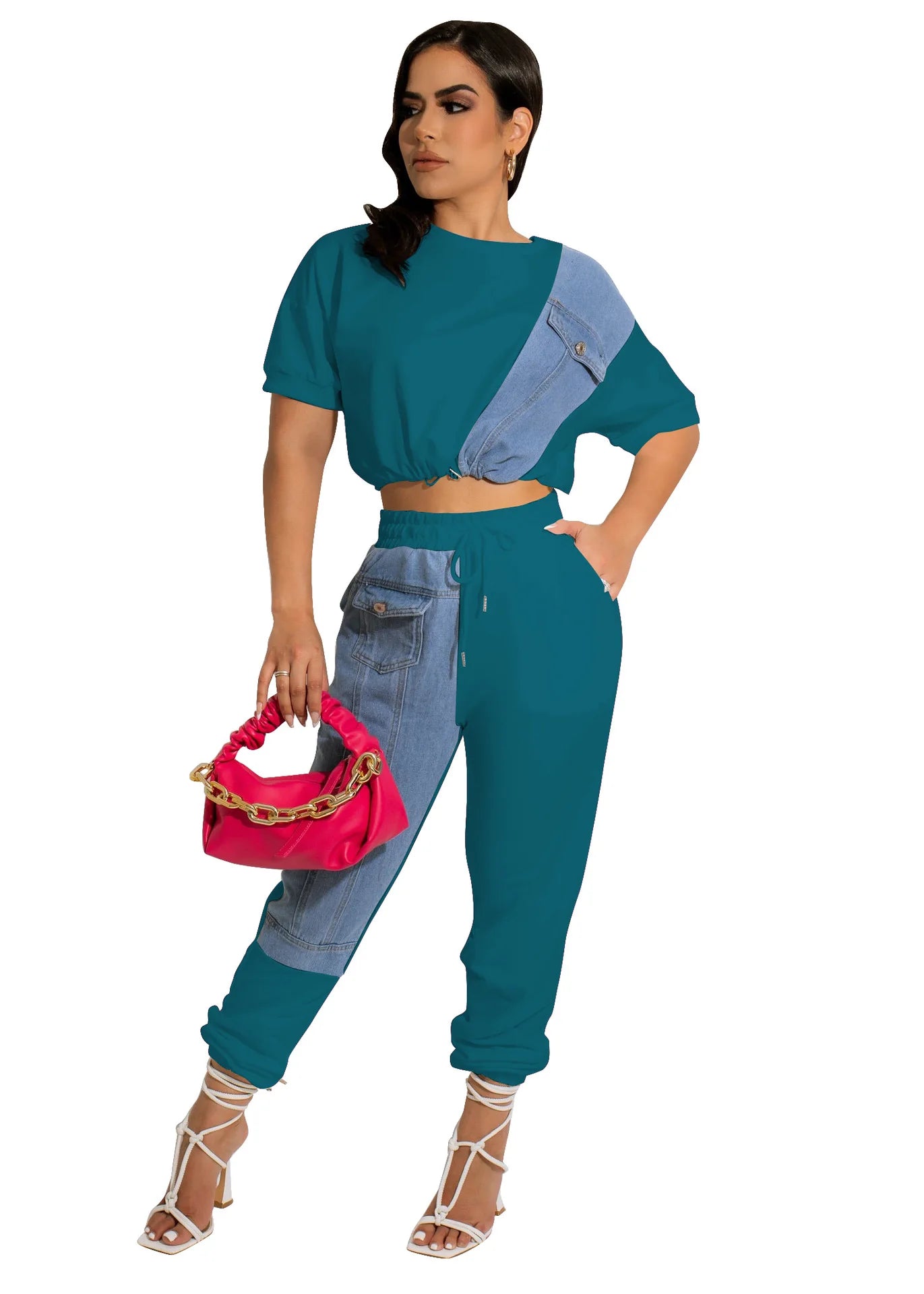 CM.YAYA Workout Denim Patchwork Women Two 2 Piece Set Outfit Sweatsuit 2022 T-shirt and Jogger Pants Matching Set Tracksuit