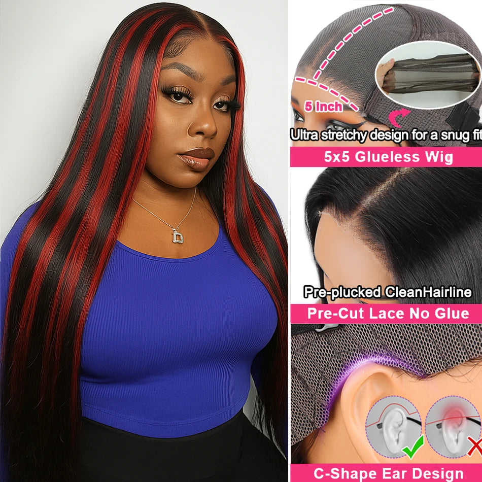 200% Upgraded 1B/99J Black With Red Bone Straight 5x5 Highlight Wig Human Hair Brazilian Burgundy Colored Glueless Wig For Women