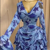 CM.YAYA Women Tie Dye Print Cascading Ruffles Bell Long Sleeve Bodycon Ruched Draped V-neck Dress Vacation Beach Holiday Dresses