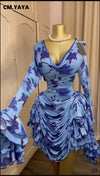CM.YAYA Women Tie Dye Print Cascading Ruffles Bell Long Sleeve Bodycon Ruched Draped V-neck Dress Vacation Beach Holiday Dresses